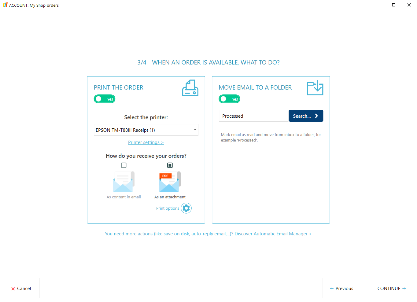 Select the printer to print your orders automatically